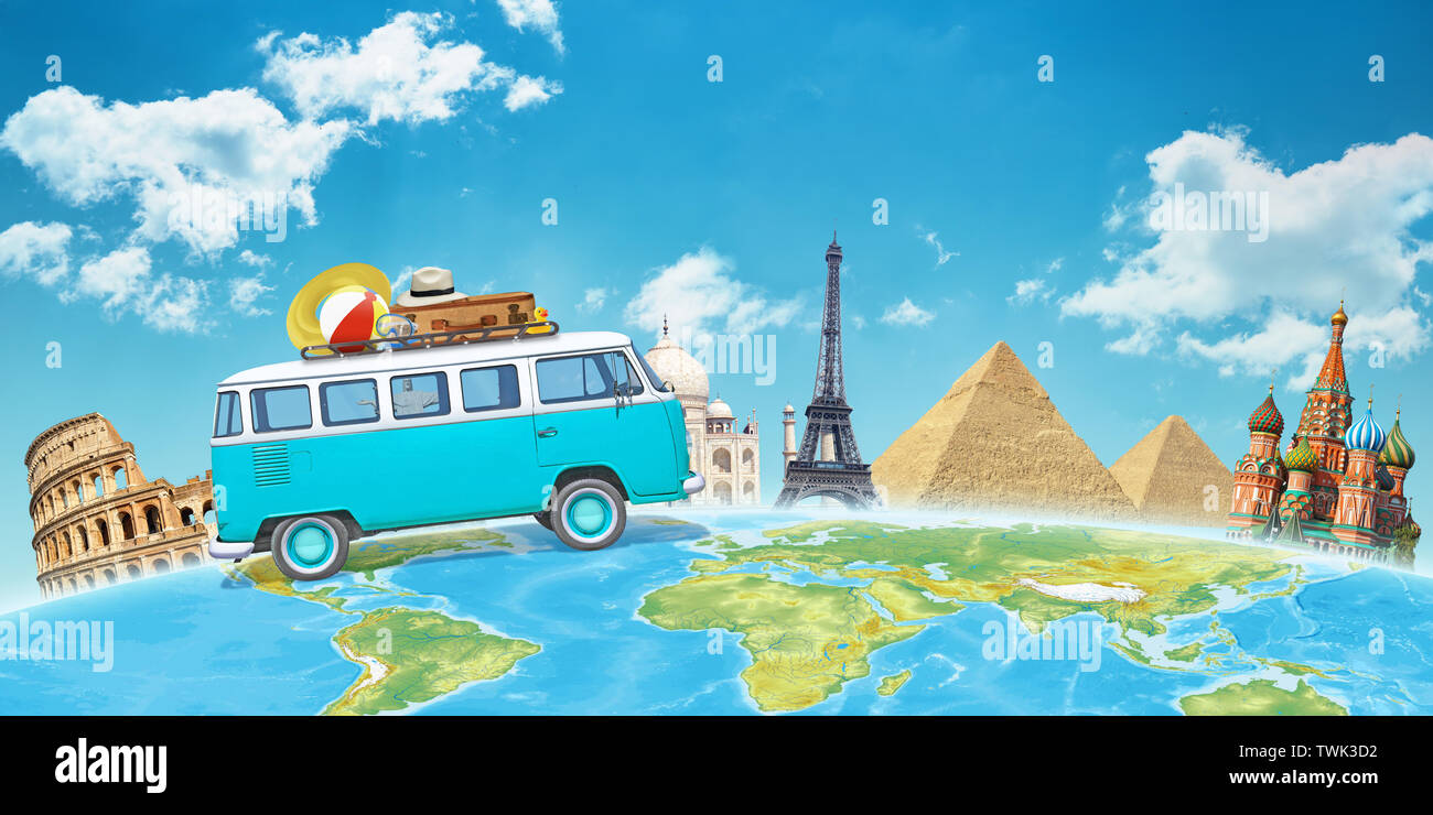 Alte van reist in der ganzen Welt. Konzept für Reise und Urlaub rund um die Welt. Weltberühmte Gebäude im Hintergrund. Stockfoto