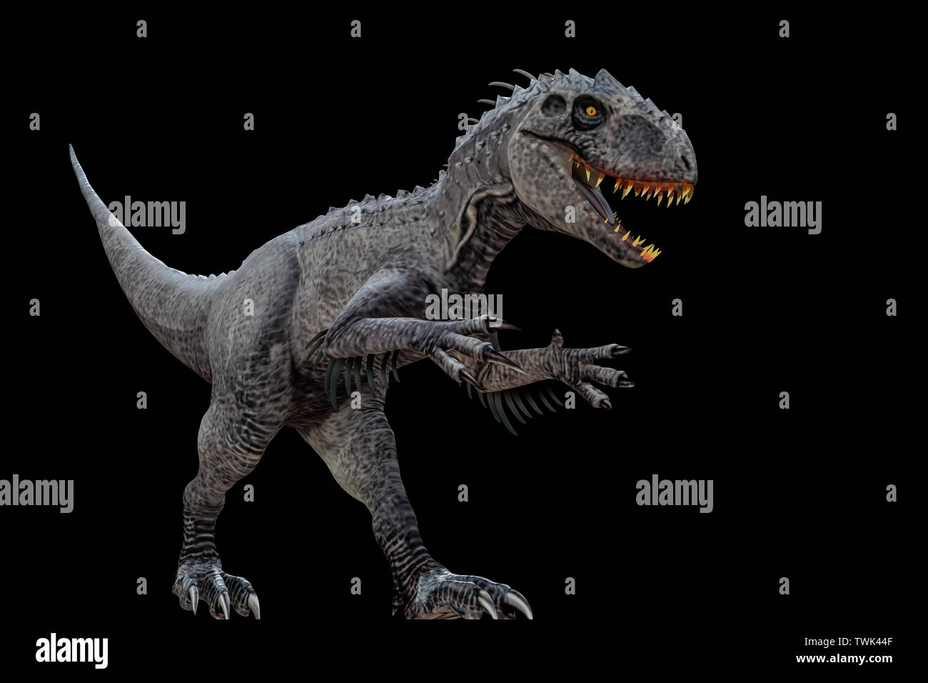 Indominus Rex auf schwarzem Hintergrund 3 isolierte d Abbildung Stockfoto