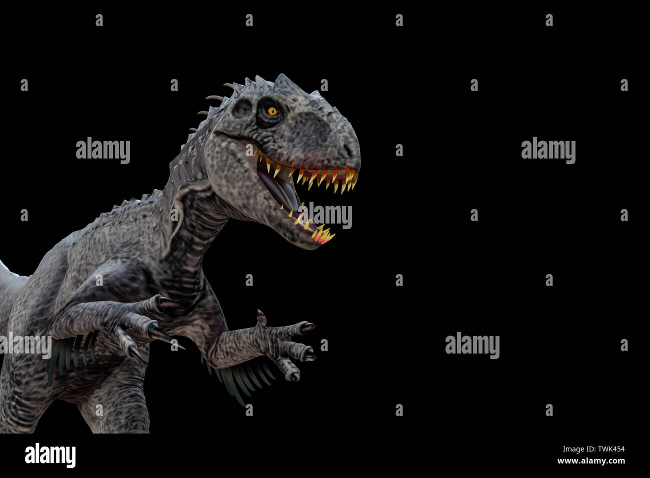 Indominus Rex auf schwarzem Hintergrund 3 isolierte d Abbildung Stockfoto