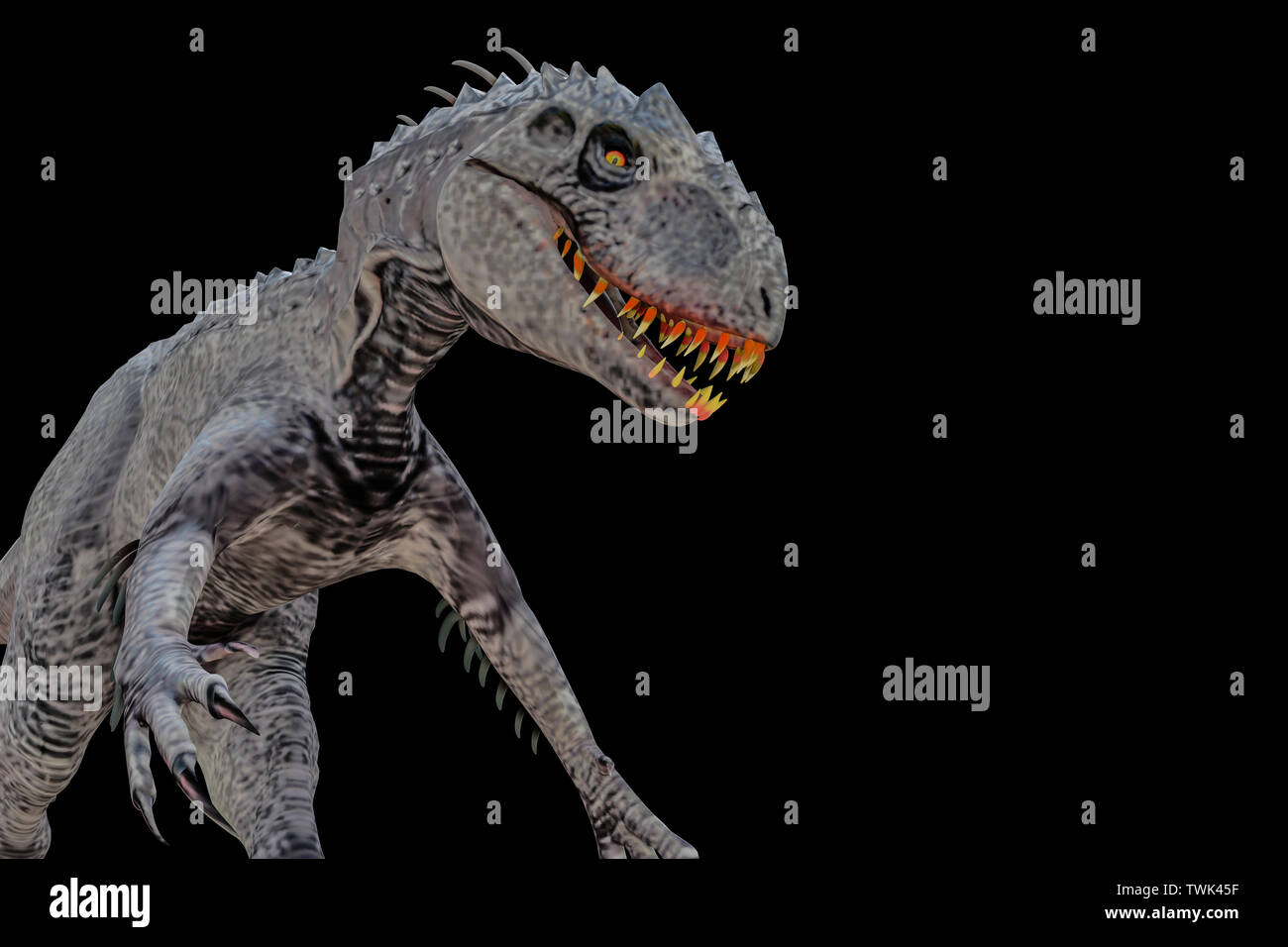 Indominus Rex auf schwarzem Hintergrund 3 isolierte d Abbildung Stockfoto