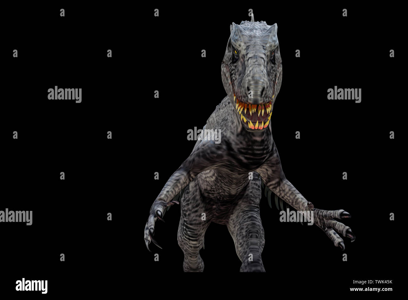 Indominus Rex auf schwarzem Hintergrund 3 isolierte d Abbildung Stockfoto