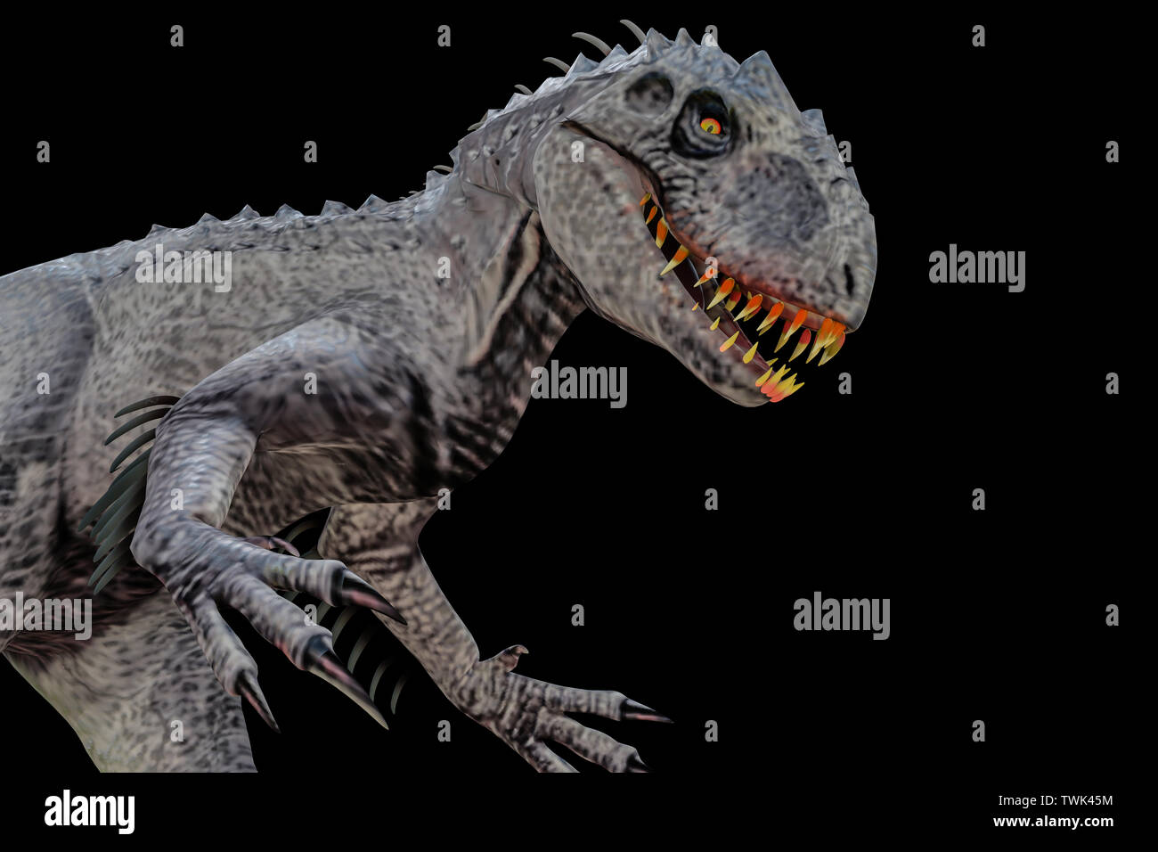 Indominus Rex auf schwarzem Hintergrund 3 isolierte d Abbildung Stockfoto