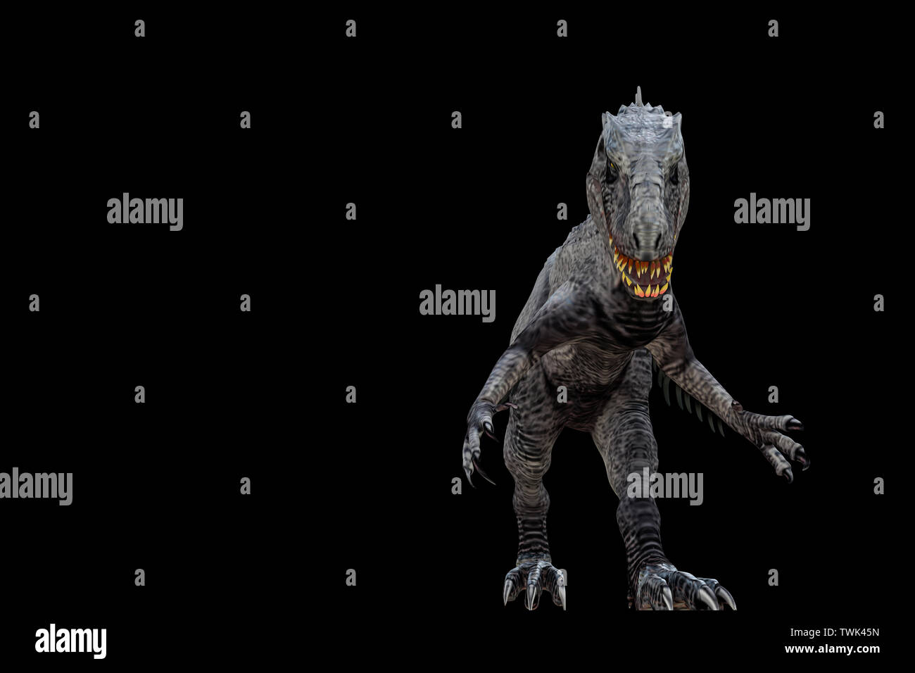Indominus Rex auf schwarzem Hintergrund 3 isolierte d Abbildung Stockfoto