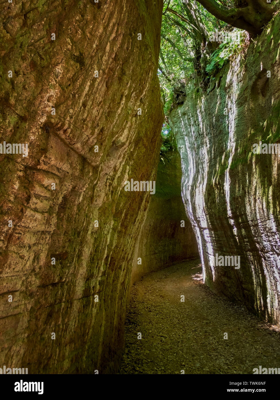 SOVANA, Toskana, Italien - 16. Juni 2019 über Cava, Höhle ie tiefen Schnitt ausgegraben Straßen, die von der etruskischen Zivilisation durch Tuffstein erstellt, Sovana in Stockfoto