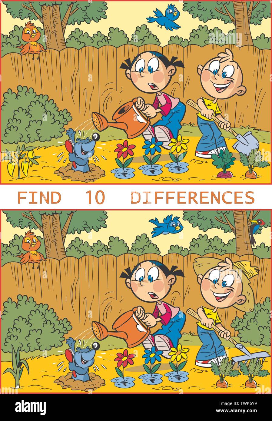 Vector Illustration mit einem Puzzle, wo Sie benötigen 10 Unterschiede in den Bildern mit arbeitenden Kindern in den Garten zu finden. Stock Vektor