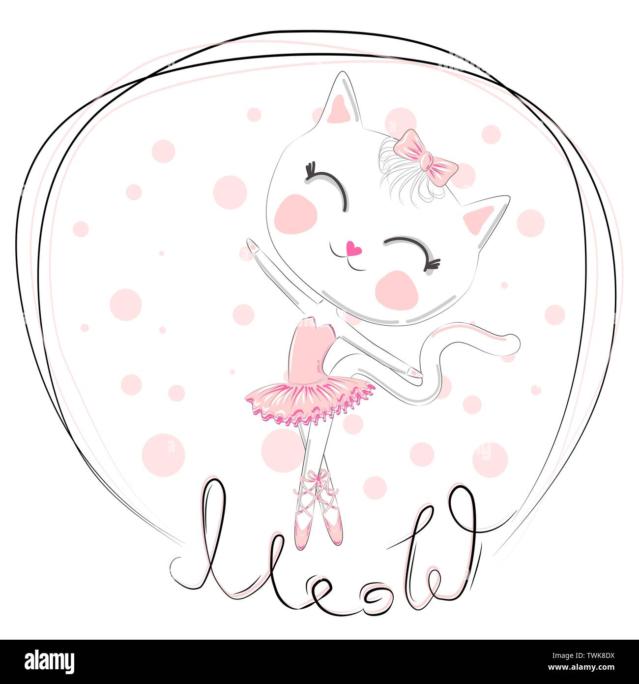 Cute dancing cat Ballerina in den blauen Tutu. Cartoon Hand gezeichnet Stock Vektor