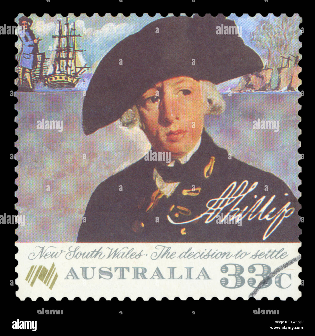 Australien - ca. 1986: eine stornierte Briefmarke aus Australien, die die Entscheidung in Australien niederzulassen, circa 1986. Stockfoto