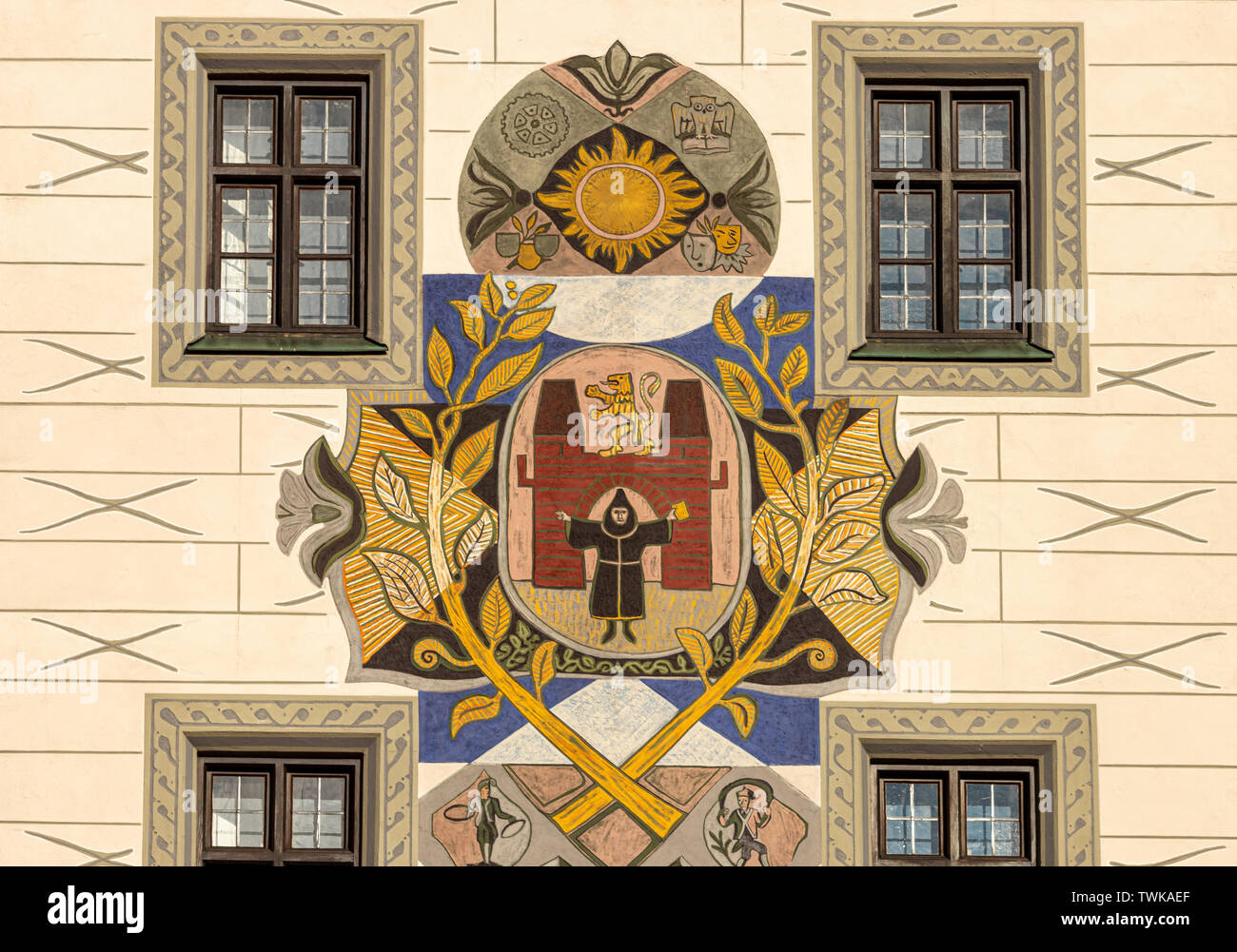 München Schutzpatron Münchner Kindl Symbol auf der Innenstadt Rathaus Fassade Stockfoto