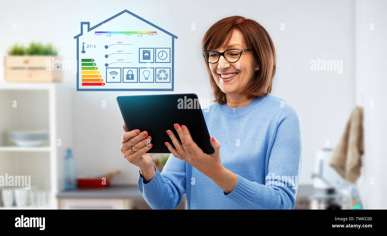 Ältere Frau mit Tablet PC und Smart Home App Stockfoto