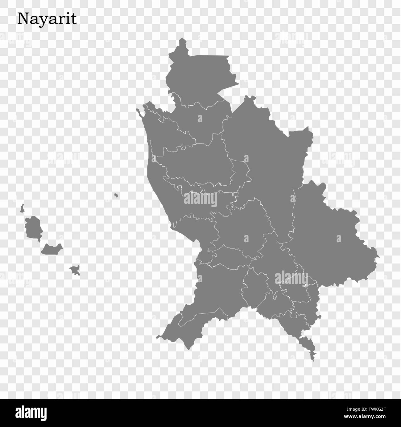 Hohe Qualität Karte von Nayarit ist ein Staat von Mexiko, mit den Grenzen der Gemeinden Stock Vektor