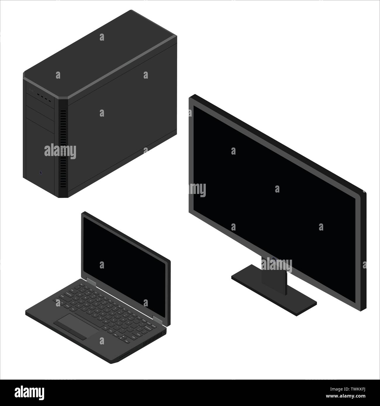 Set Computer Monitor, Laptop und Pc isometrische Ansicht auf weißem Hintergrund. Stock Vektor