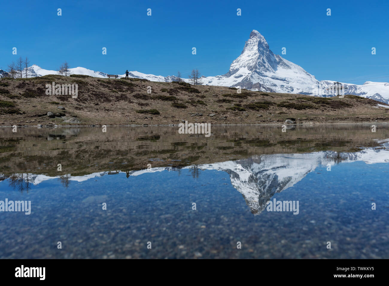 Matterhorn mit Reflexion auf See in Zermatt, Schweiz im Sommer Stockfoto