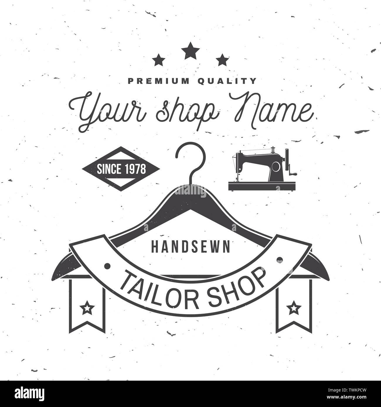 Shop Abzeichen anpassen. Vektor. Konzept für T-Shirt, Druck, Stempel Aufkleber oder T-Stück. Vintage Typografie Design mit Nähmaschine, Halterungen für Kleidung Silhouette. Retro Design zum Nähen shop Business Stock Vektor