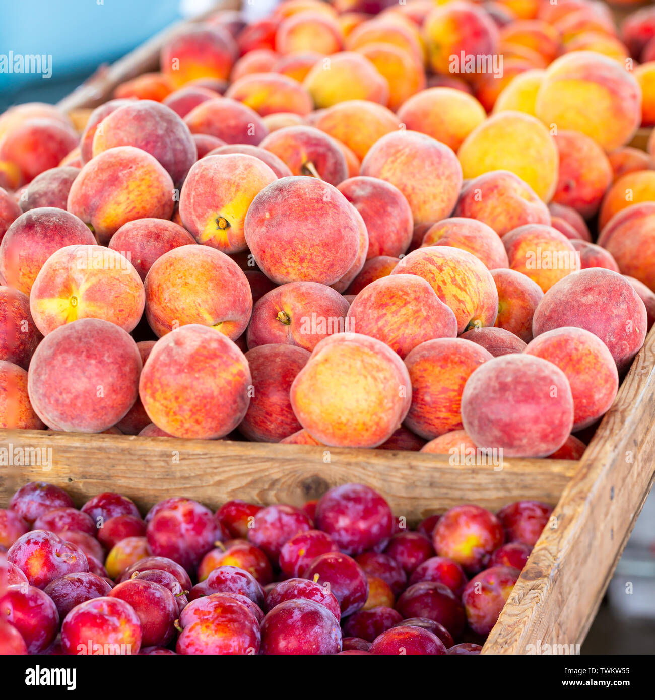 In der Nähe von frischem Gelb Pfirsiche auf einem lokalen Bauernmarkt Stockfoto