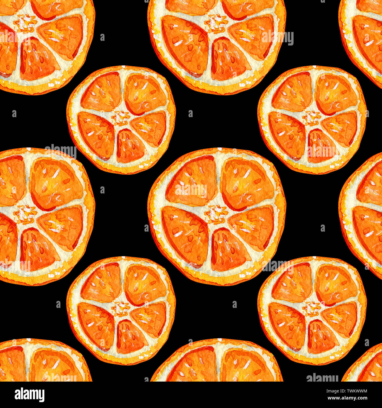 Nahtlose Muster mit Orangenscheiben. Tropische erfrischende Exotische Früchte auf einem schwarzen Hintergrund. Sommer Konzept. Stockfoto