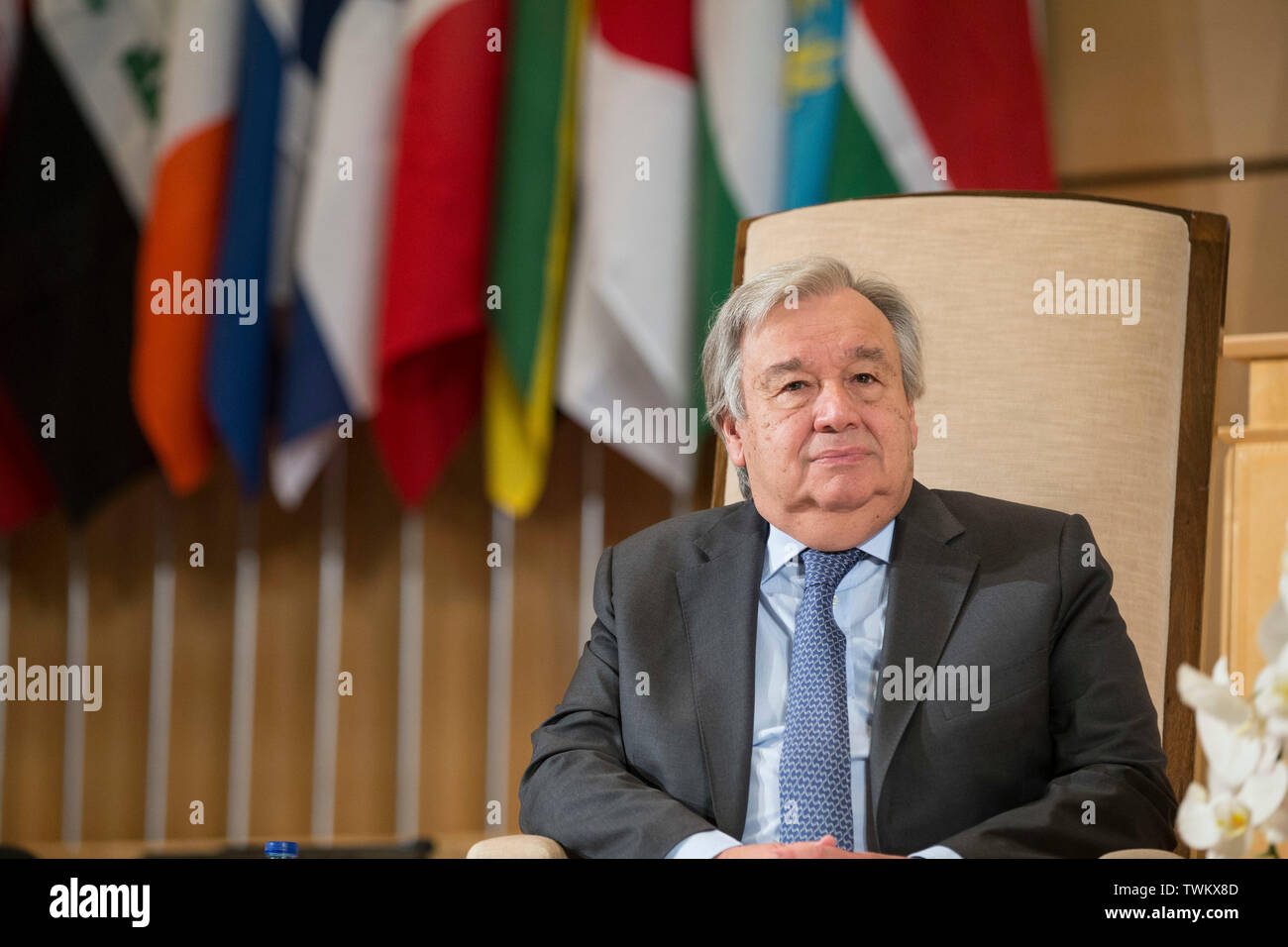 Genf, Schweiz. Juni, 2019 21. Generalsekretär der Vereinten Nationen, Antonio Guterres nimmt an der Sitzung des letzten Tag der Internationalen Arbeitskonferenz, Kennzeichnung, das 100-jährige Jubiläum der Internationalen Arbeitsorganisation (ILO) in Genf, Schweiz, 21. Juni 2019. Guterres am Freitag lobte die Internationale Arbeitsorganisation (ILO) für "die Fackel, die vor hundert Jahren beleuchtet wurde, um zu helfen, eine neue Welt zu bauen." Quelle: Xu Jinquan/Xinhua/Alamy leben Nachrichten Stockfoto