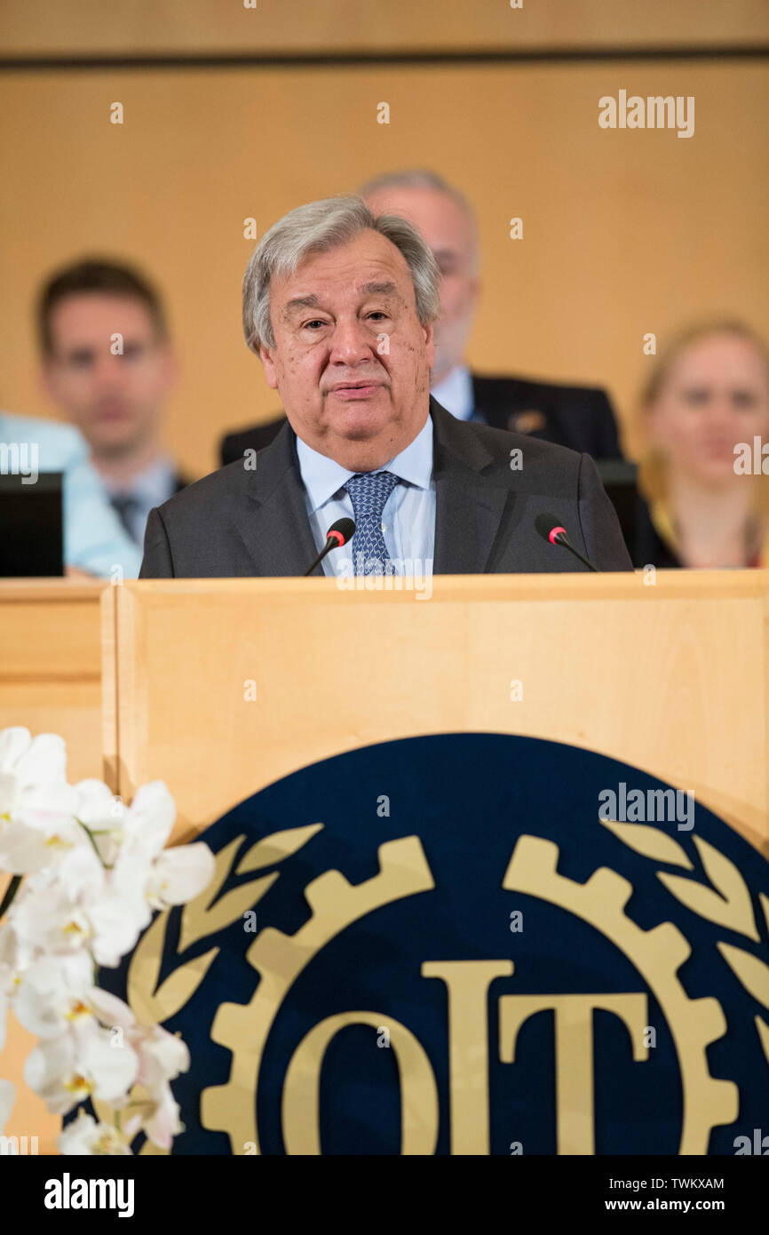 Genf, Schweiz. Juni, 2019 21. Generalsekretär der Vereinten Nationen, Antonio Guterres nimmt an der Sitzung des letzten Tag der Internationalen Arbeitskonferenz, Kennzeichnung, das 100-jährige Jubiläum der Internationalen Arbeitsorganisation (ILO) in Genf, Schweiz, 21. Juni 2019. Guterres am Freitag lobte die Internationale Arbeitsorganisation (ILO) für "die Fackel, die vor hundert Jahren beleuchtet wurde, um zu helfen, eine neue Welt zu bauen." Quelle: Xu Jinquan/Xinhua/Alamy leben Nachrichten Stockfoto