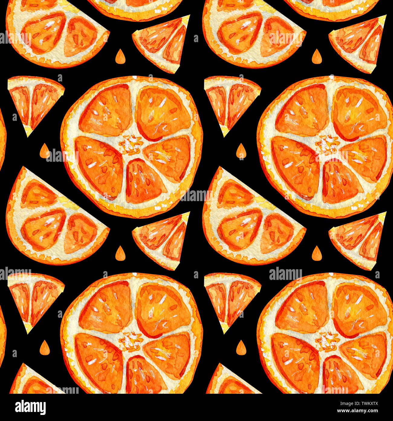 Nahtlose Muster mit Orangenscheiben. Tropische erfrischende Exotische Früchte auf einem schwarzen Hintergrund. Sommer Konzept. Stockfoto