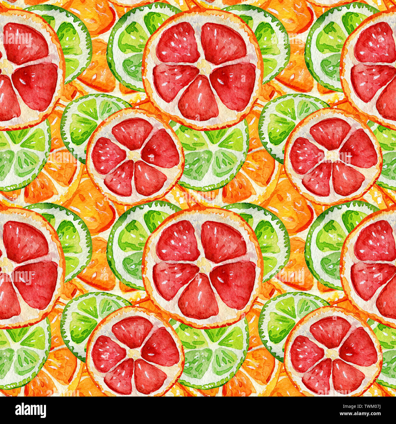 Nahtlose Muster mit Orange, Grapefruit und Limone. Tropische erfrischend exotisch. Sommer Konzept. Aquarell Illustrationen. Stockfoto