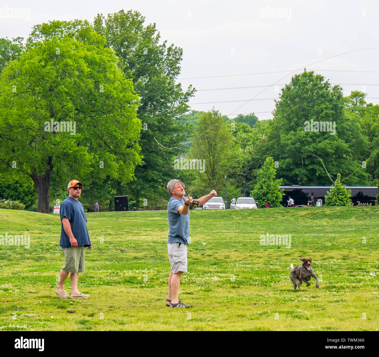 Tow Männer üben casting Fliege Angelrute in Centennial Park Tennessee USA Stockfoto