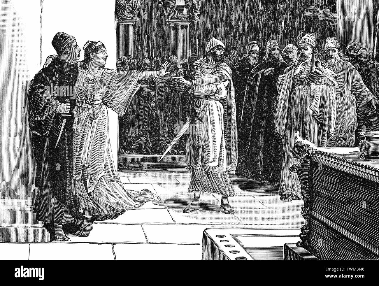 Kyros der Jüngere, (423 - 401/), war der jüngere Sohn des Achaemenian König Darius II und der Liebling seiner Mutter, der Parysatis, der hoffte die Nachfolge für Cyrus anstelle von Ihrem ältesten Sohn, Arsaces sichern. In 404, wenn arsaces wurde König Artaxerxes II., Cyrus wurde von satrap Tissaphernes, von Caria beschuldigt, den Mord an seinem Bruder das Plotten. Die Abbildung zeigt die Fürsprache der Parysatis und Cyrus wurde begnadigt und geschickt zurück zu seinem Militär. Stockfoto