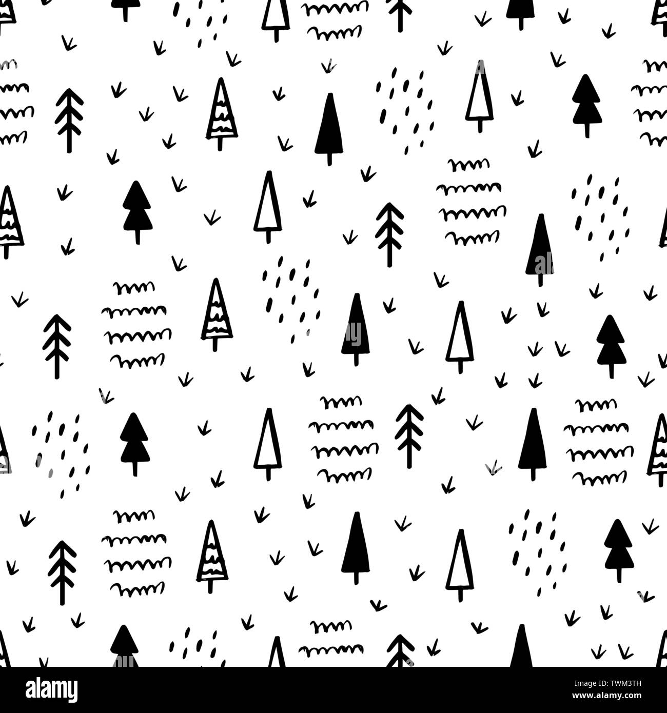 Hand zeichnen Weihnachtsbaum nahtlose Muster in Doodle Stil. Vektor Monochrome endlose Hintergrund der Weihnachtsbäume und Polka Dot auf weißem Bac isoliert Stock Vektor