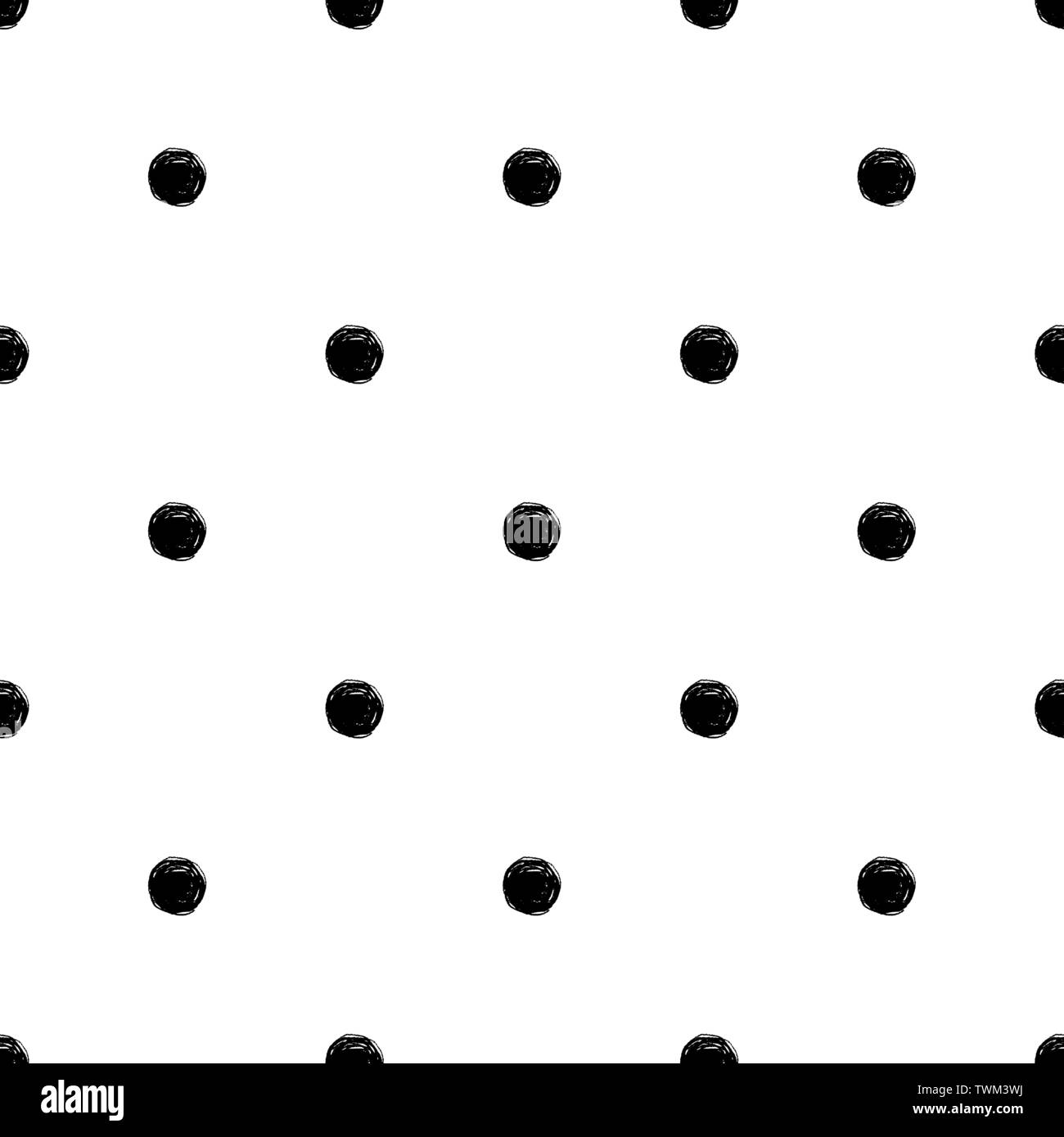 Hand zeichnen Polka Dots nahtlose Muster. Vector schwarz Tinte Bürste. Die Textur der Bleistift. Monochrome skandinavischen Muster für den Druck auf Stoff, Pack Stock Vektor