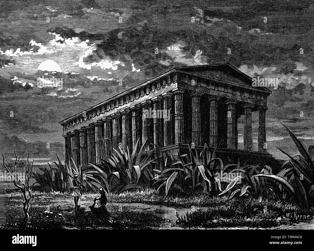 Der Tempel des Hephaistos ist eine dorische Peripteral-tempel, und befindet sich an der nordwestlichen Seite der Agora von Athen, auf der Oberseite des Agoraios Kolonos Hill. Ursprünglich gewidmet, Hephaistos und Athene als Förderer der Künste und Handwerk ist der am besten erhaltenen antiken griechischen Tempel der Welt und etwas älter als der Parthenon (d. h. c. 450 - 440 v. Chr.). Der Tempel wurde als Theseum seit dem Mittelalter bekannt, anscheinend, weil einige seiner Skulpturen repräsentieren die Heldentaten der Held Theseus. Stockfoto