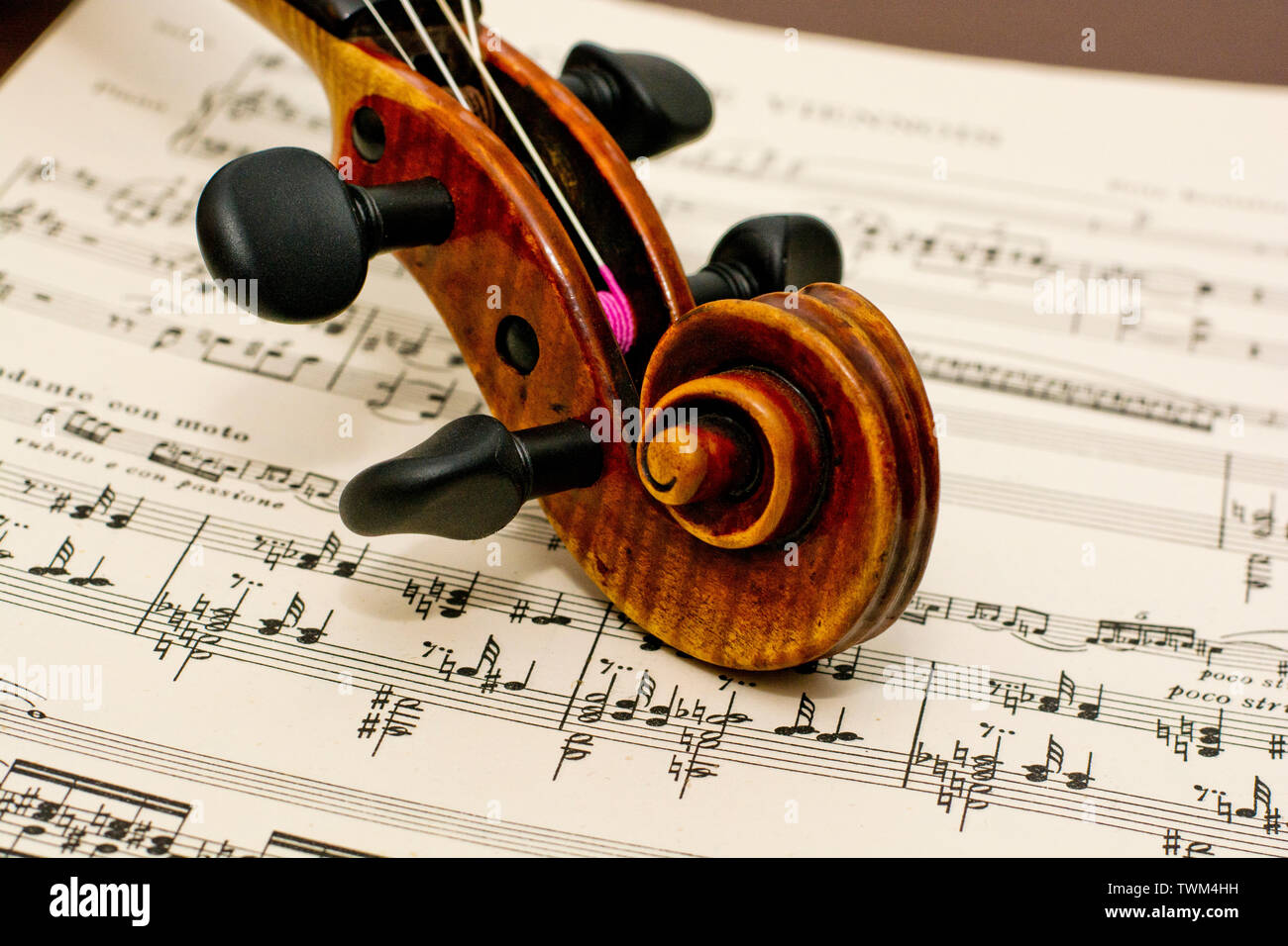 Violine Hals dieses klassischen Vintage Holz- instrument liegen auf der Oberseite der klassischen Noten Noten auf Tisch Stockfoto