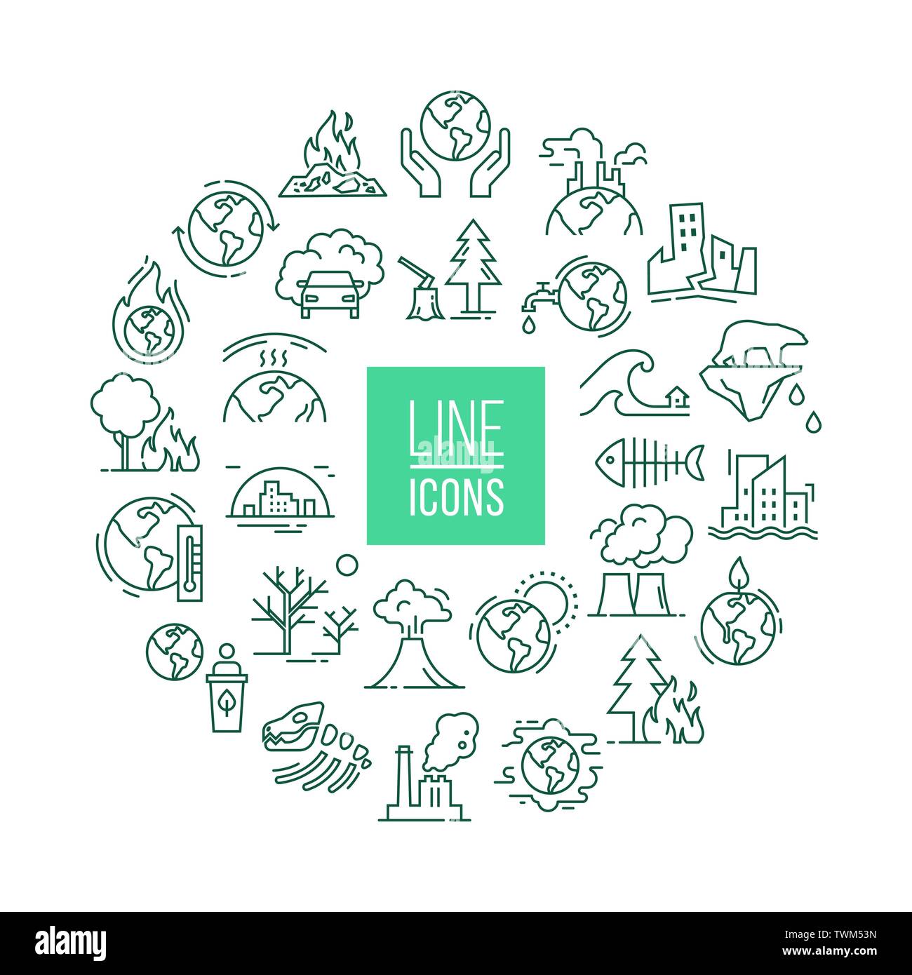 Ein rundes Konzept von einem berühmten Satz von Vector Icons auf einem weißen Hintergrund in einer linearen Stil isoliert auf das Thema der Auswirkungen der globalen Umweltverschmutzung, Stock Vektor