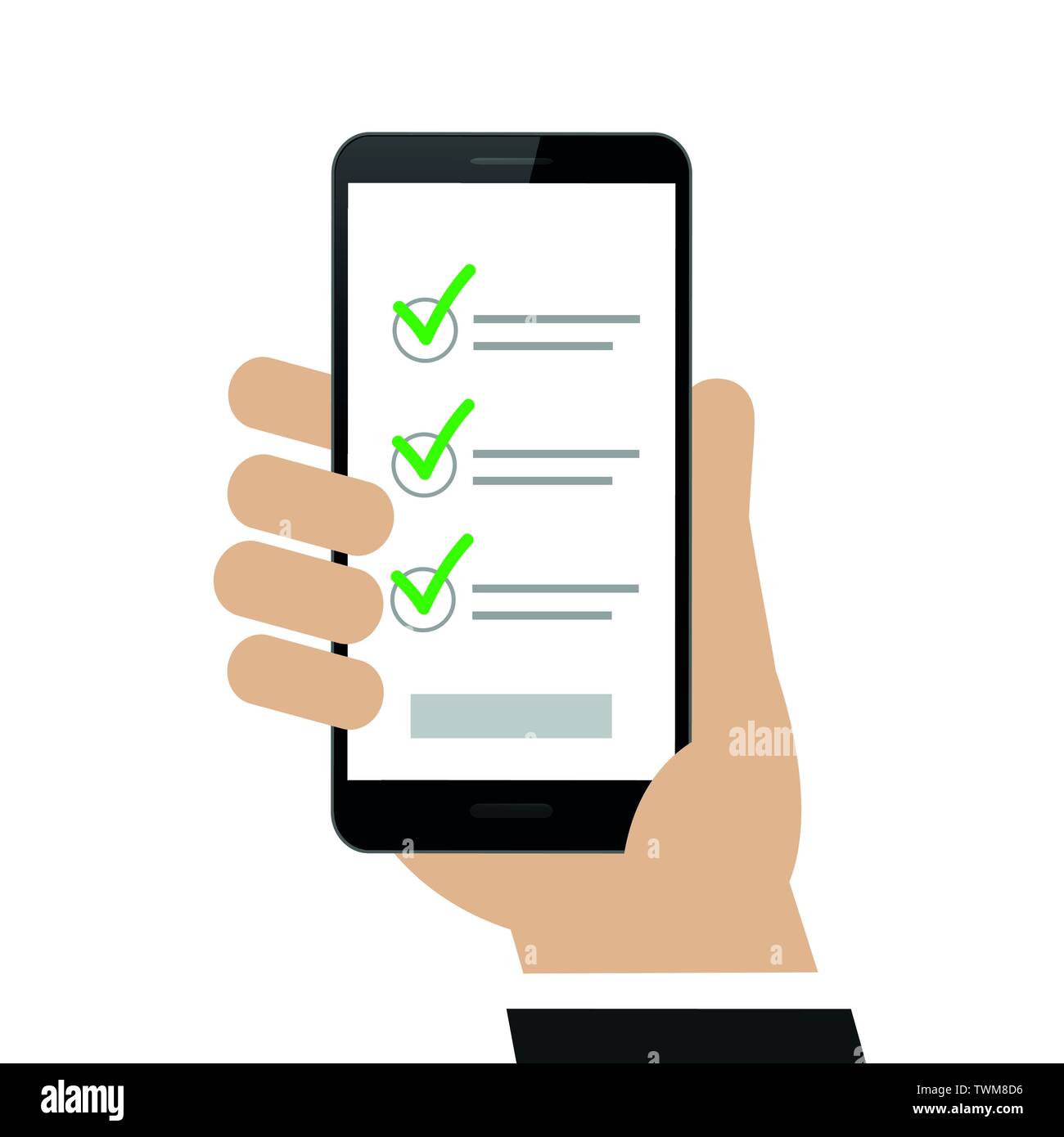 Hand Smartphone mit einer Checkliste auf weißem Hintergrund Vektor-illustration EPS 10 isoliert Stock Vektor