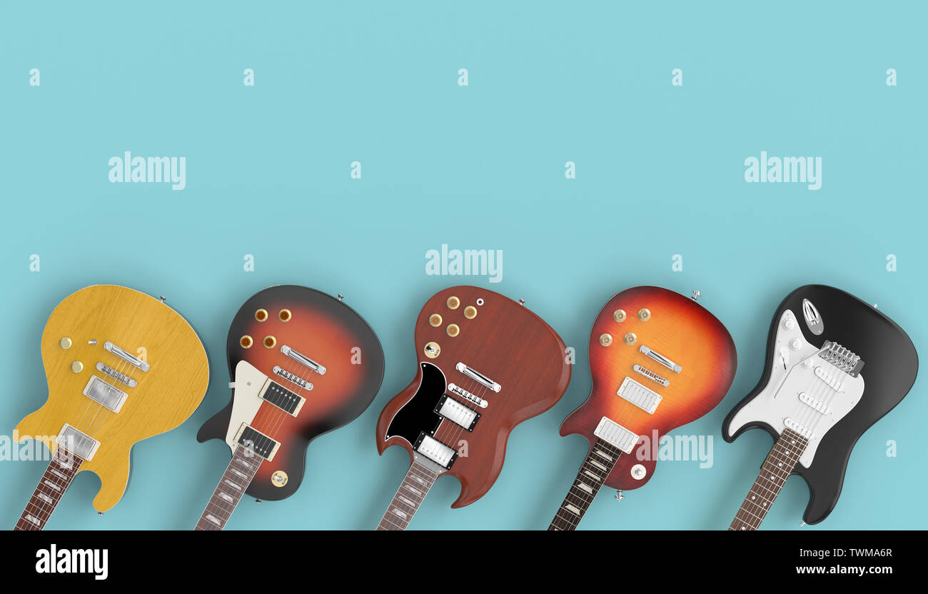 Sammlung von Gitarren auf einem blauen Hintergrund. 3D-Bild rendern im Stil flach. Stockfoto