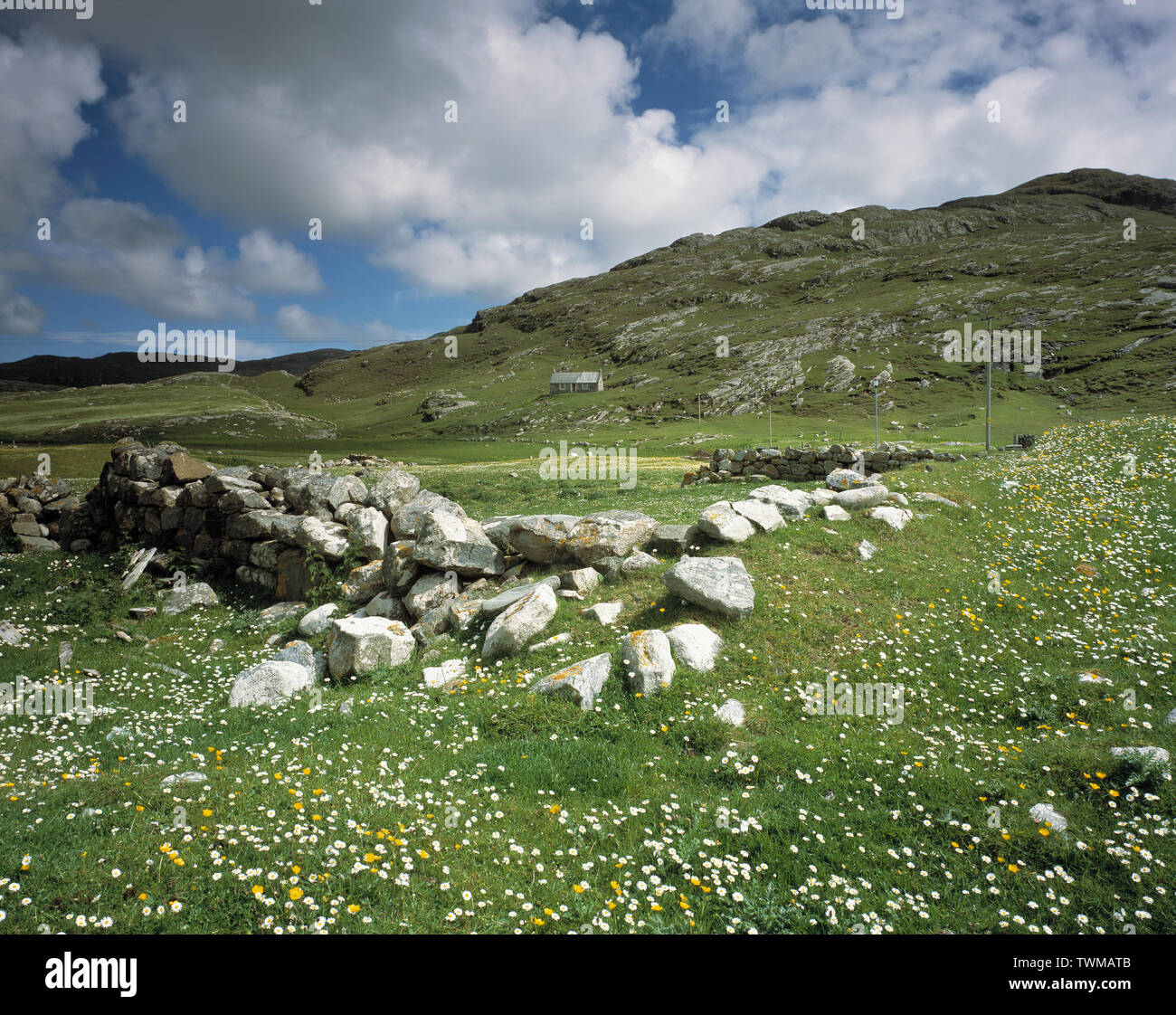 Vereinigtes Königreich. Schottland. Western Isles. Barra. Ruiniert Croft und Ferienhaus am Hang. Stockfoto