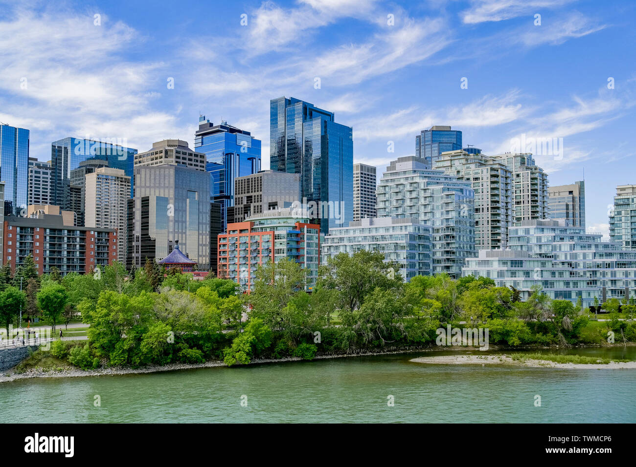 Calgary Skyline, Bow River, Calgary, Alberta, Kanada Stockfoto