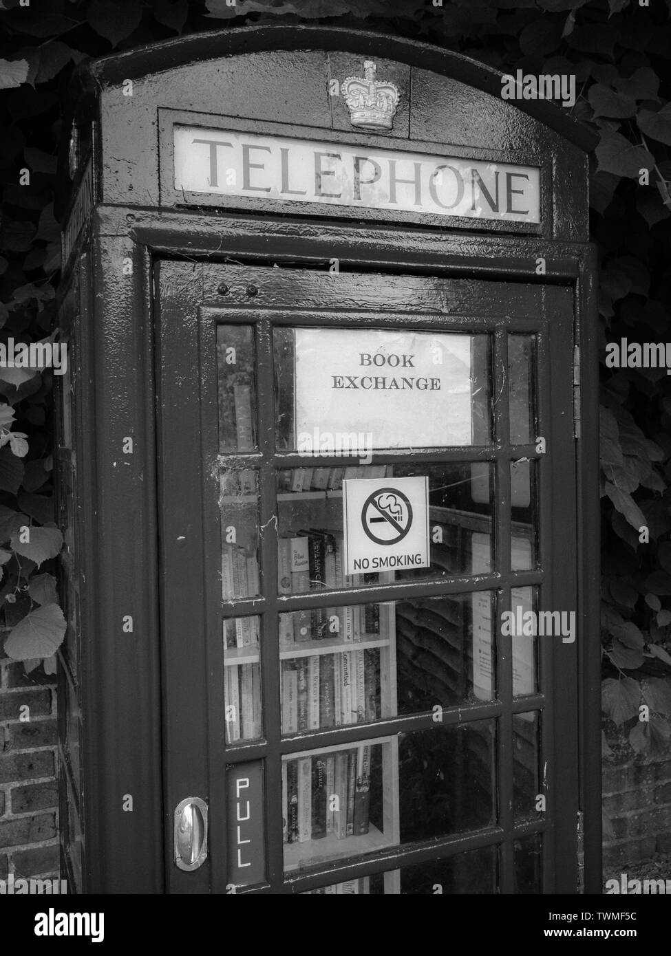 Büchertausch, die Wiederverwendung von rote Telefonzelle, auf dem Höhenweg Trail, Streatley, Berkshire, England, UK, GB. Stockfoto