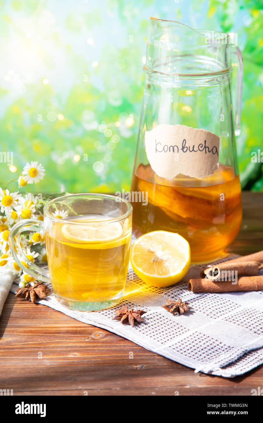 Gesund Tee Kombucha mit Zitrone und Zimt. Rezept für selbstgemachte Kombucha Sommer hellen Hintergrund Vertikal Stockfoto