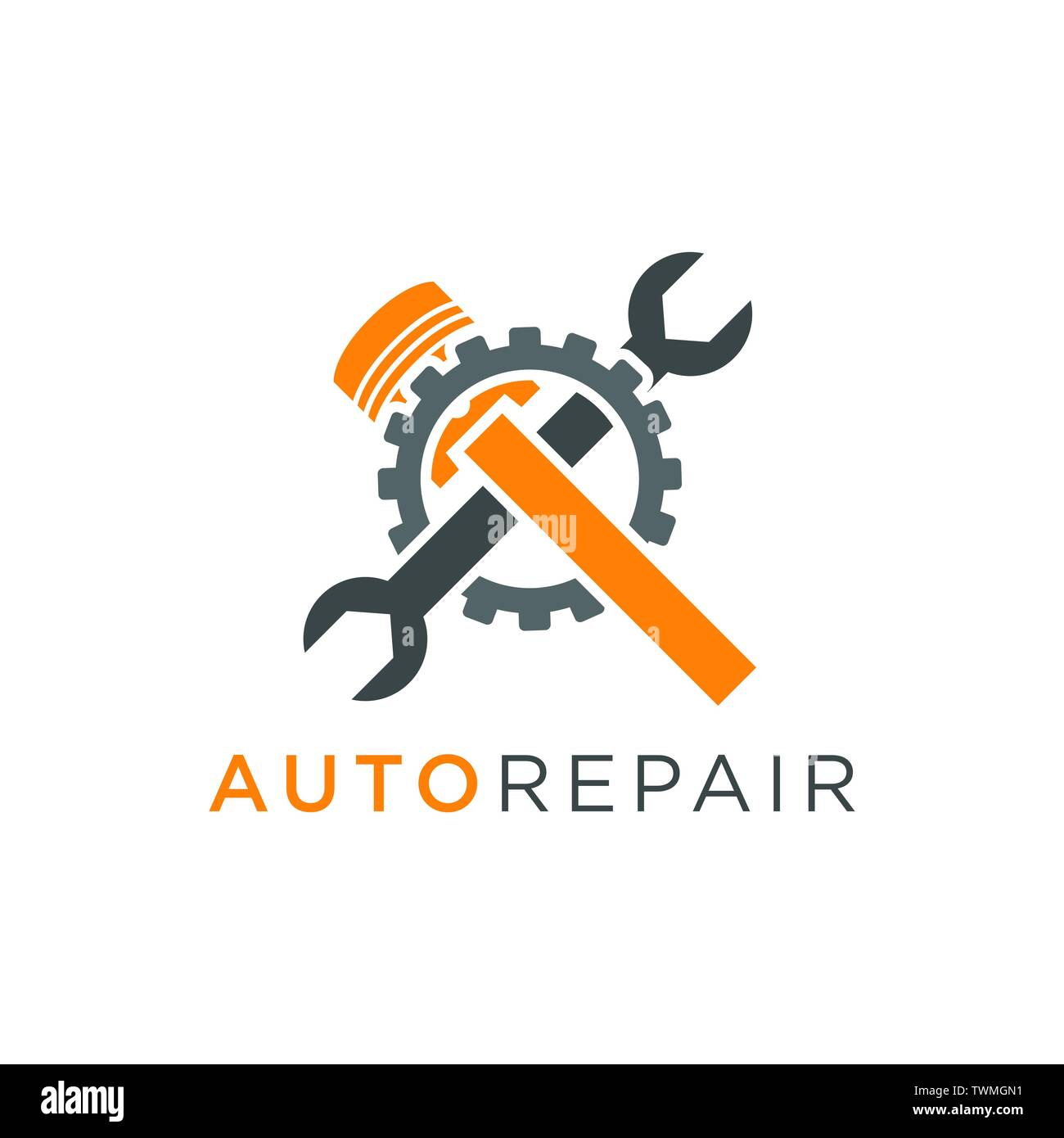 Auto Reparatur Logo Design mit Kolben und Schraubenschlüssel in einem Gang Stock Vektor