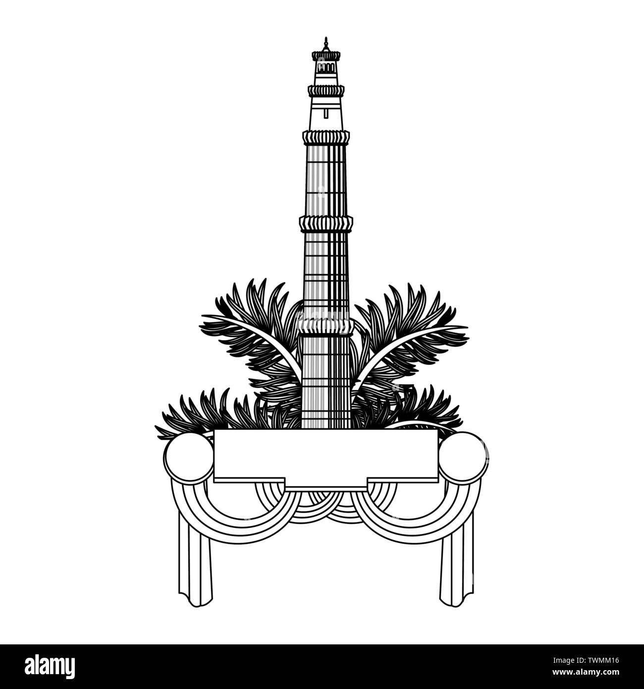 Indische Turm Emblem mit Blättern und Banner mit Fahnen in den Farben Schwarz und Weiß Stock Vektor