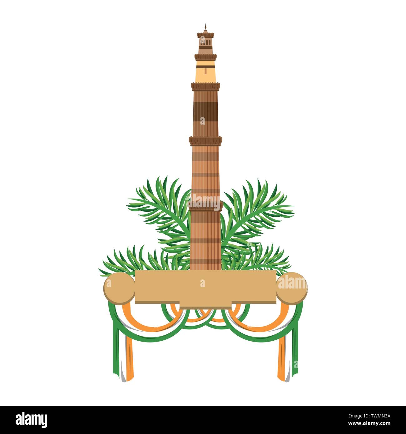 Indische Turm Emblem mit Blättern und Banner mit Fahnen Stock Vektor