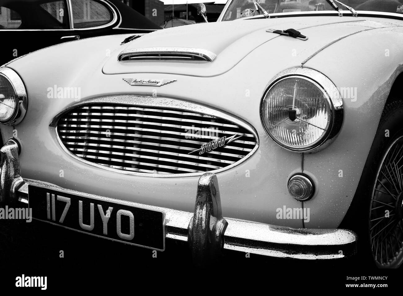 Schwarz und Weiß Vorderansicht Bild eines klassischen Austin Healey 3000 Sport Auto, Motorhaube, Kühlergrill, Scheinwerfer und Aufkleber. Stockfoto