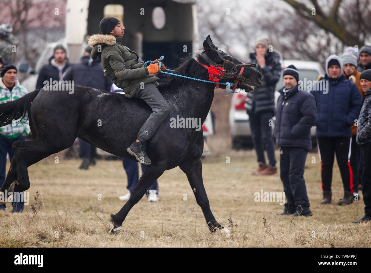 Pietrosani, Romania - January 6, 2019: Man is bareback riding an adorned horse before an Epiphany celebration horse race. Stockfoto