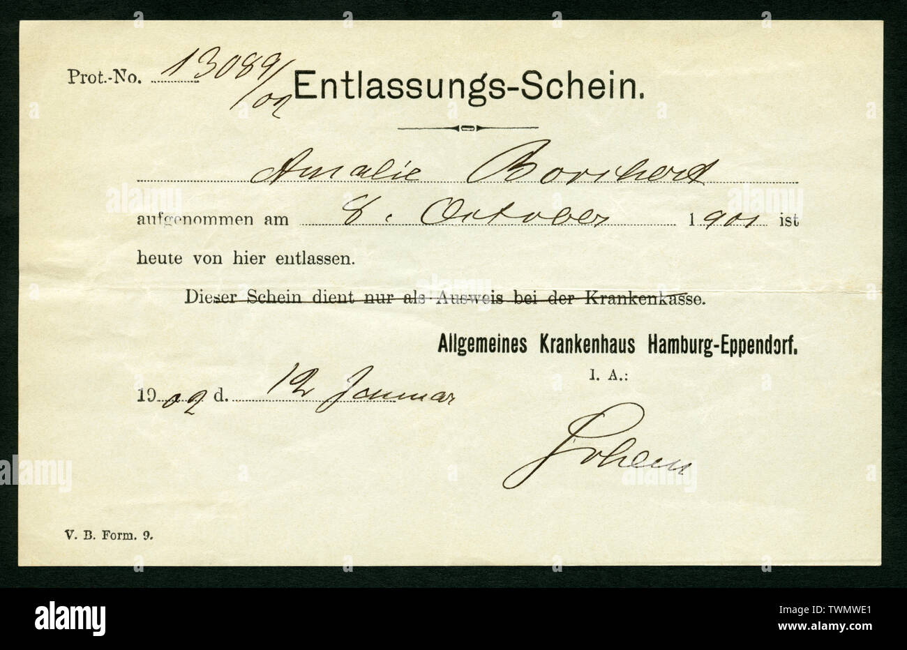 Europa, Deutschland, Hamburg, Entlassungsschein aus einem Krankenhaus, hier das Allgemeines Krankenhaus Hamburg-Eppendorf, 1902. / Europa, Deutschland, Stockfoto