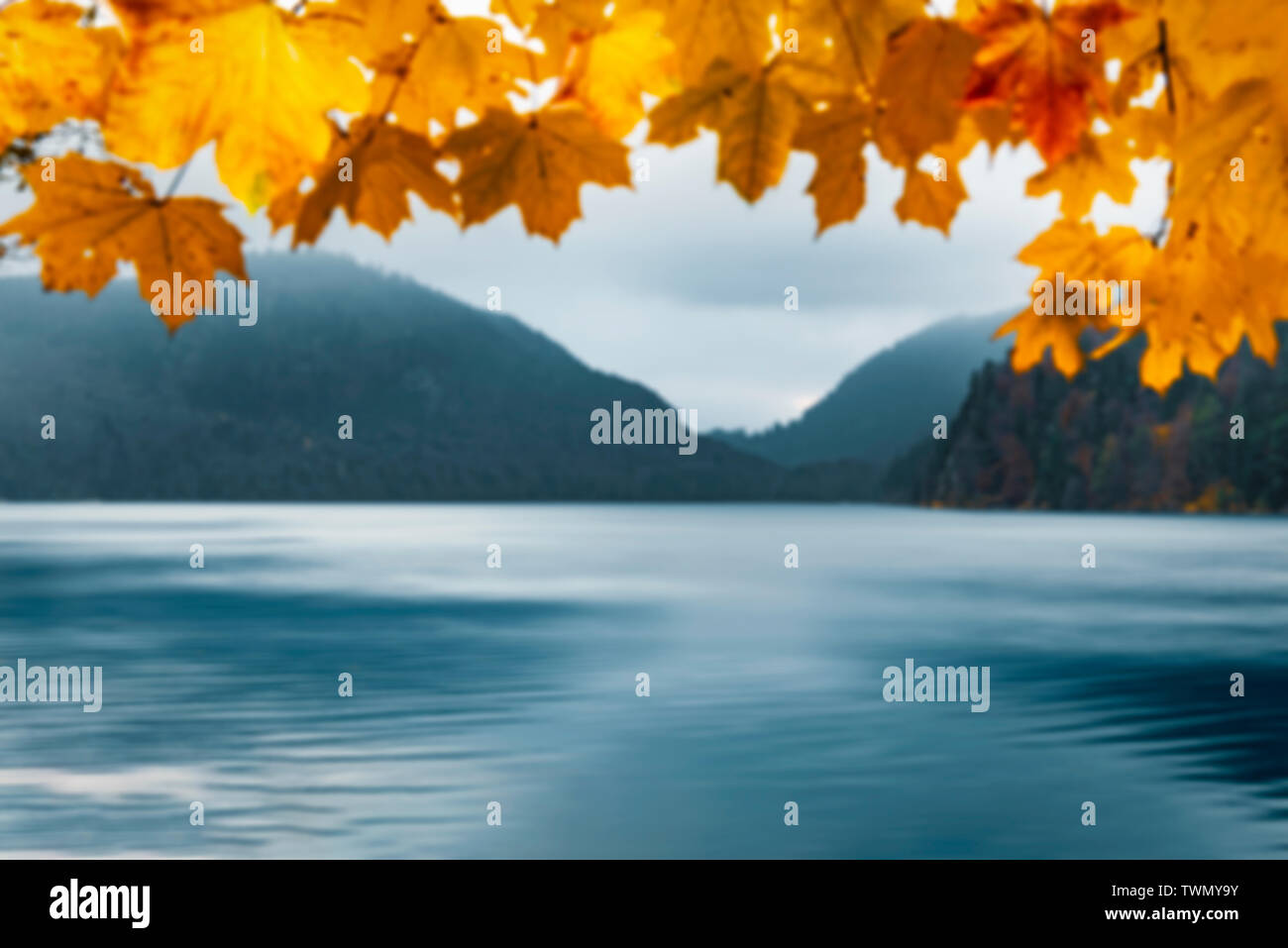 Verschwommen Herbst Natur Hintergrund mit gelben Blätter als Rahmen für die Berge und blaues Wasser See, in der Nähe von Füssen, Deutschland. Unscharf fallen Kulisse. Stockfoto