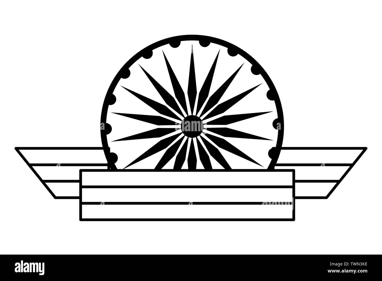 Ashoka chakra Symbol Karikatur in Schwarz und Weiß Stock Vektor