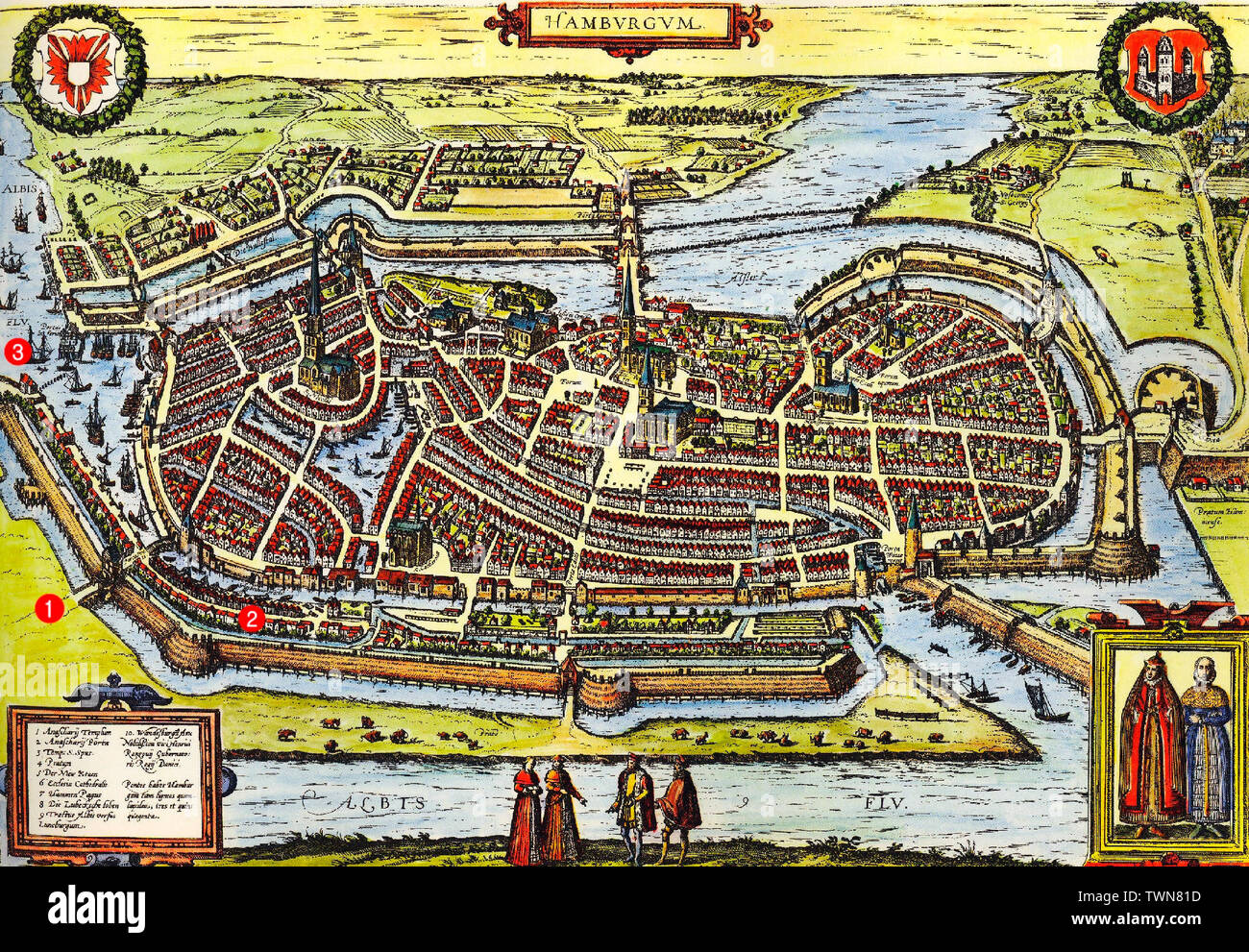 Historische Sicht auf die deutsche Stadt Hamburg von Georg Braun und Franz Hogenberg (zwischen 1572 und 1618) Stockfoto