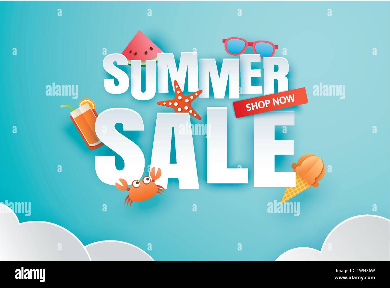Summer Sale Mit Dekoration origami auf blauen Himmel Hintergrund. Papier Kunst und Handwerk Stil. Vector Illustration von Eis, Wassermelone, Sonnenbrillen. Stock Vektor