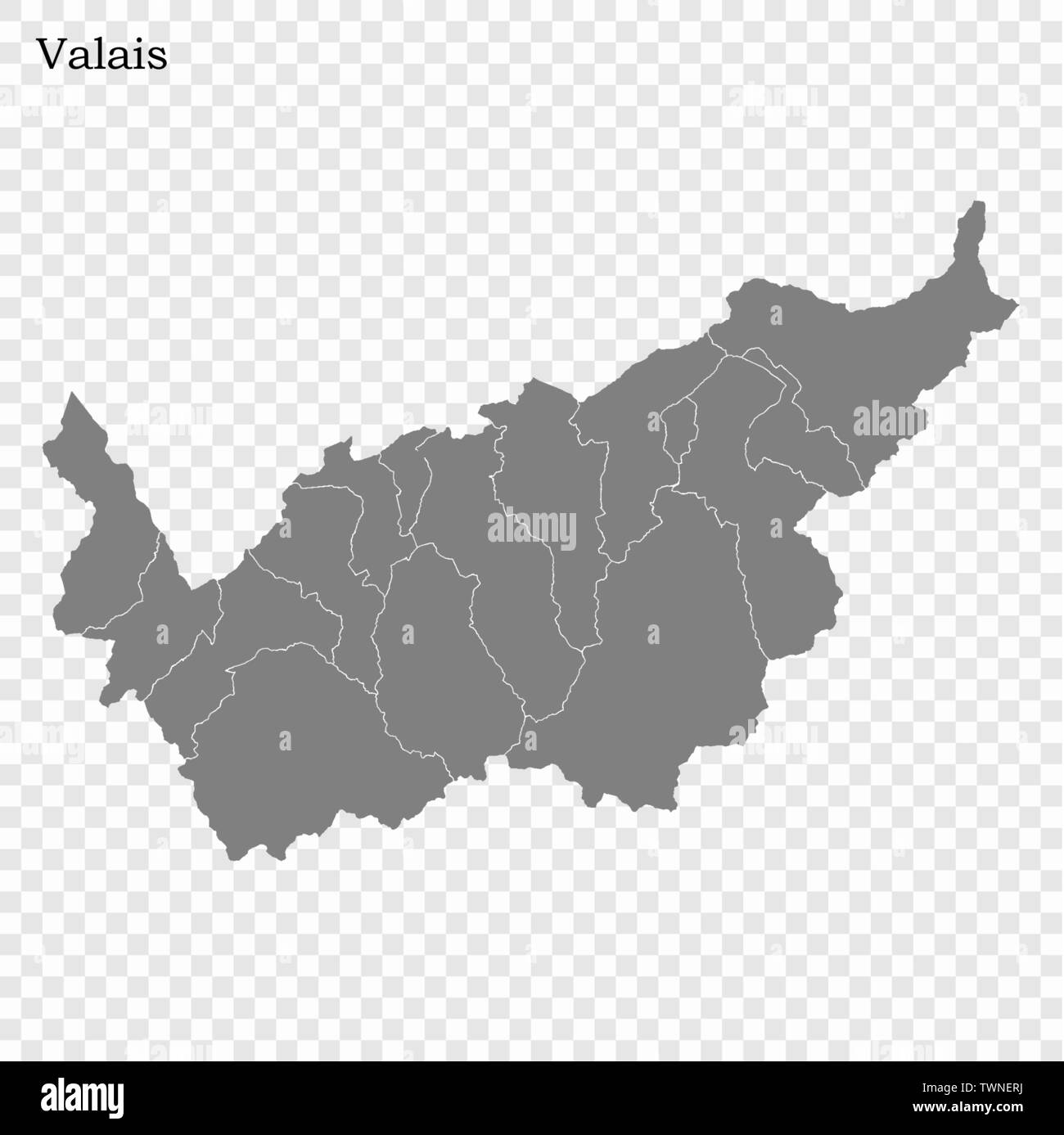Hohe Qualität Karte von Wallis ist ein Kanton der Schweiz, mit den Grenzen der Kreise Stock Vektor
