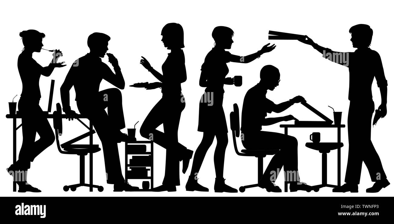 Editable vector Silhouette der Büroangestellten genießen Pizza zum Mittagessen mit allen Zahlen als separate Objekte Stock Vektor