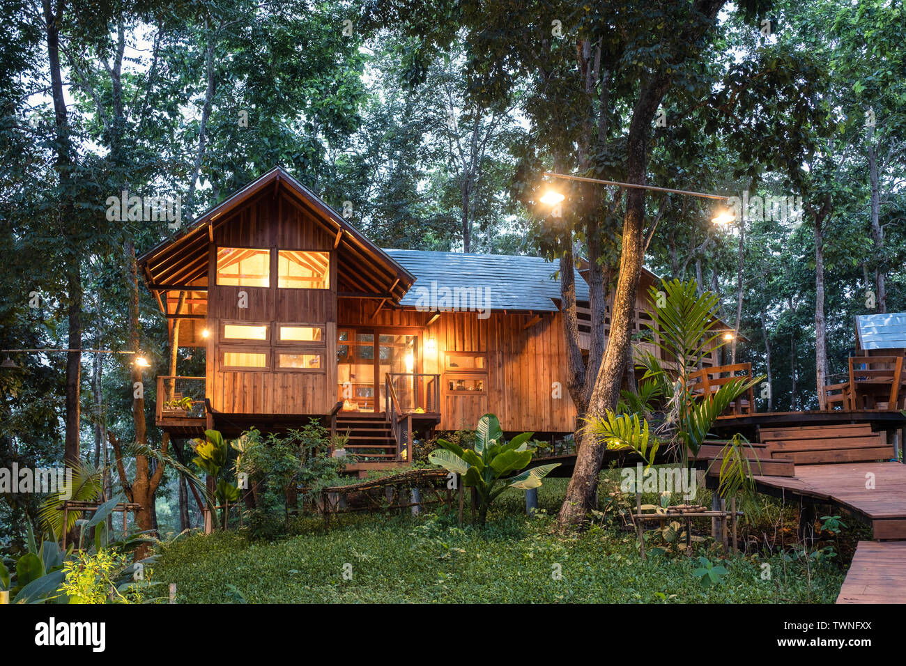 Architektur Holzhaus mit Beleuchtung im Regenwald Stockfoto