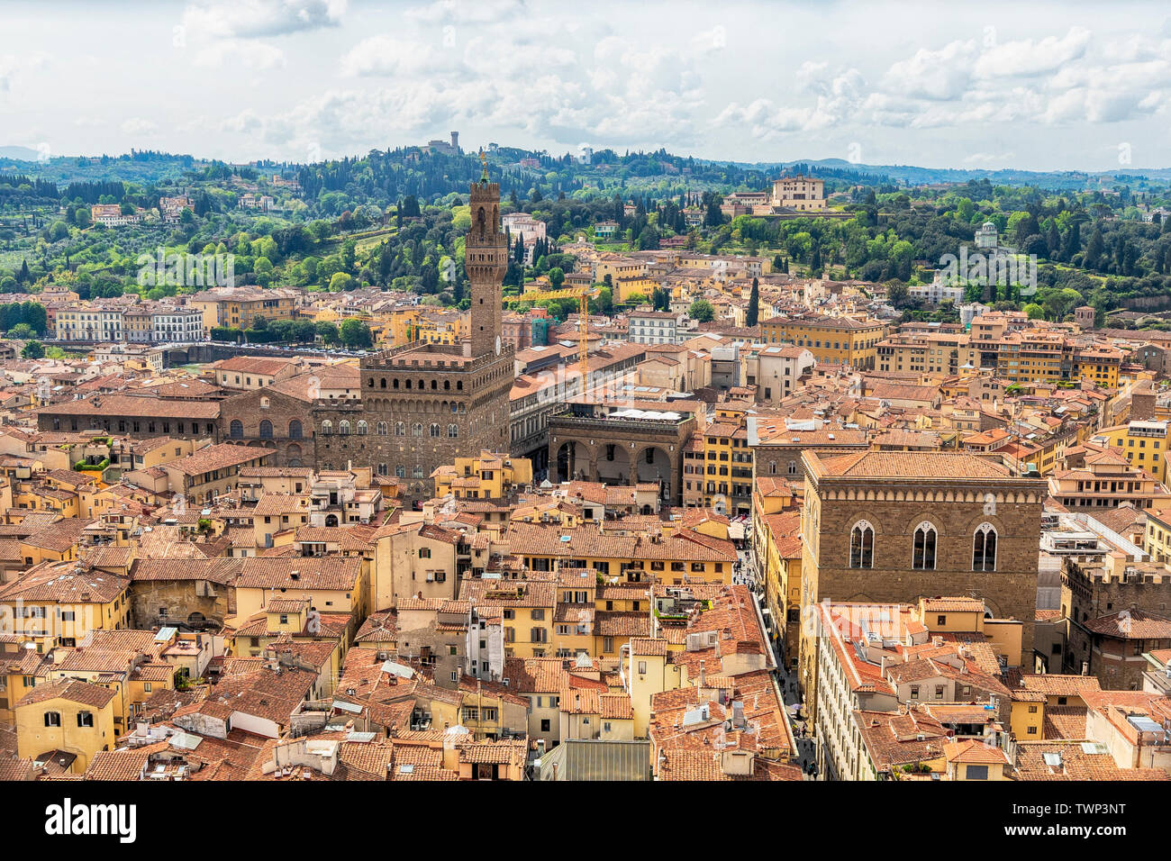 Blick vom Glockenturm von Giotto, Palazzo Vecchio und das historische Zentrum in Florenz Stockfoto